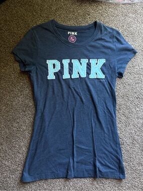 PINK Victoria's Secret Navy Tee with Aqua Appliqué